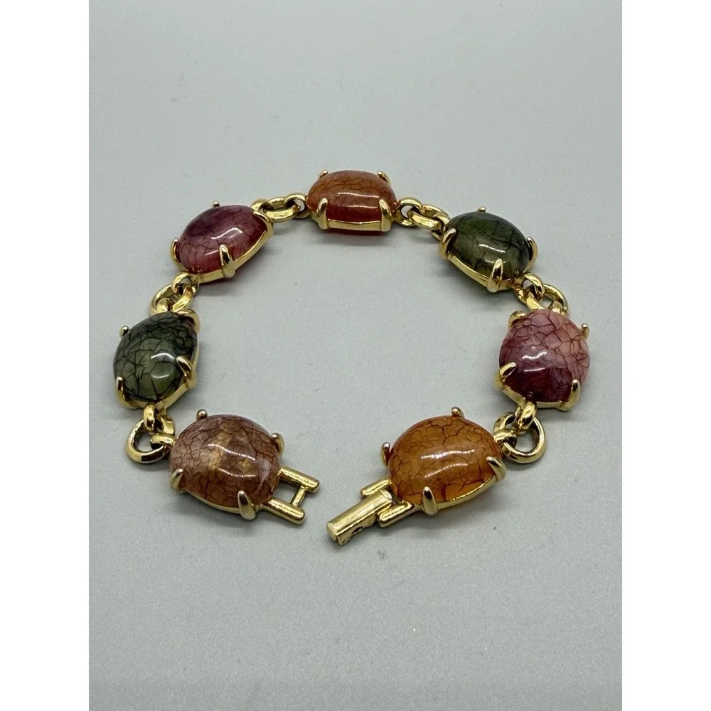 Liz Claiborne Acrylic Bracelet Gold Tone Link Multicolor Cabochon Chunky Vintage - Picture 2 of 13